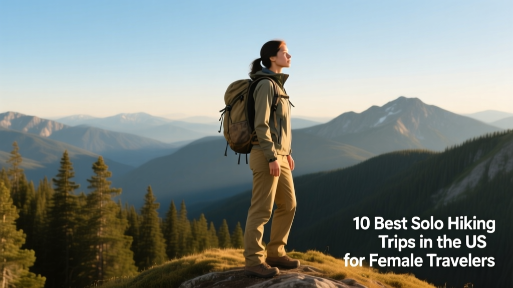 Solo female hiker standing atop a pine-forested hill, gazing across mountain ridges