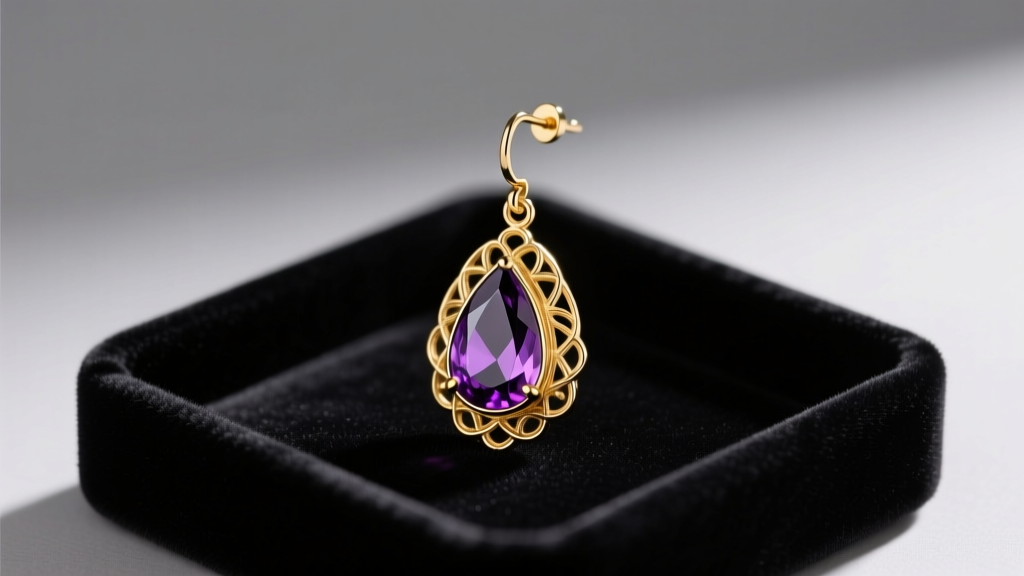 Vintage gold Dorsey drop earring with a teardrop amethyst gemstone resting on dark velvet jewelry tray under soft studio lighting
