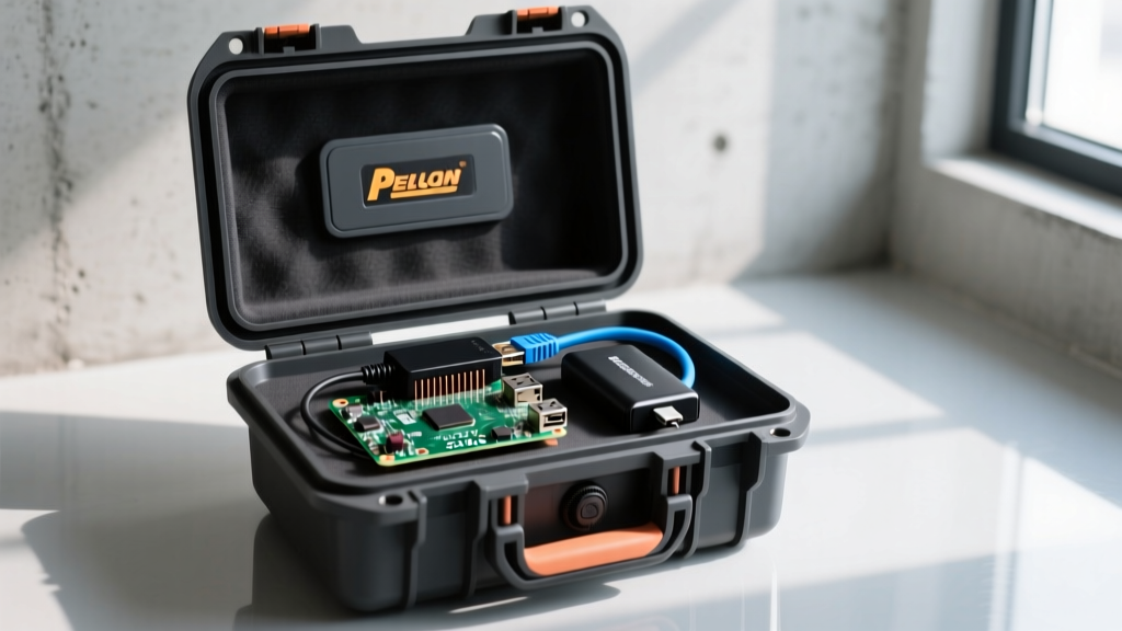 A rugged weatherproof Pelican case open to reveal a Raspberry Pi Zero 2 W connected to an Ethernet adapter and battery.