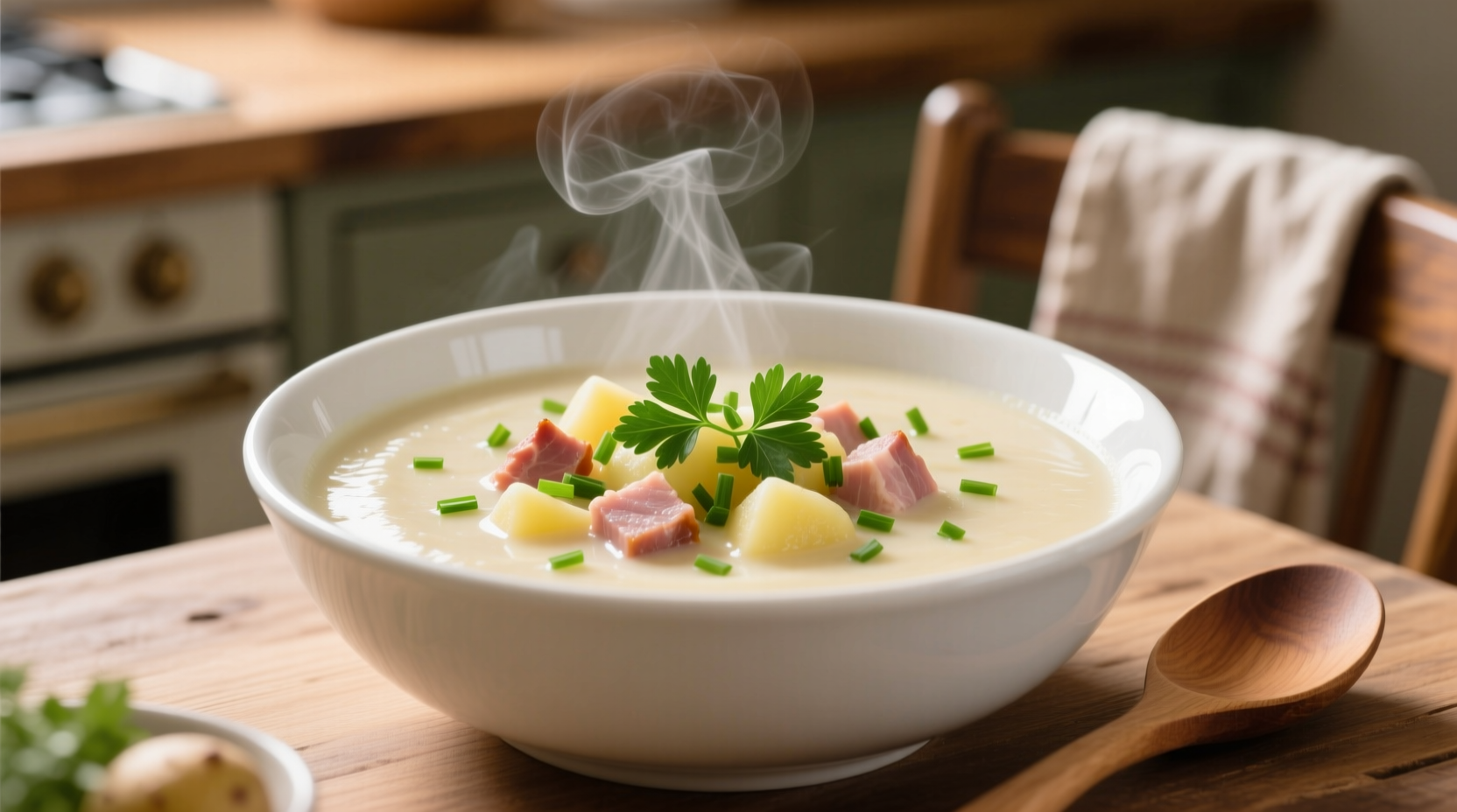 Creamy potato ham soup in white bowl with fresh herbs