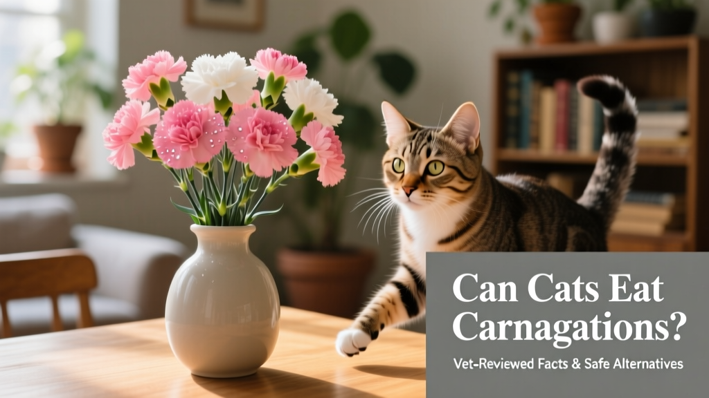 A close-up of vibrant pink and white carnations in a vase beside a curious cat observing from a safe distance