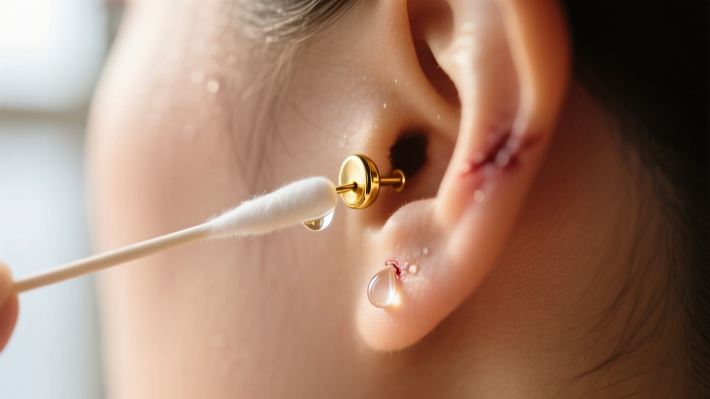 Close-up of a cotton swab gently applying clear saline solution to a healed 18-gauge gold stud earring hole on a soft-lit earlobe