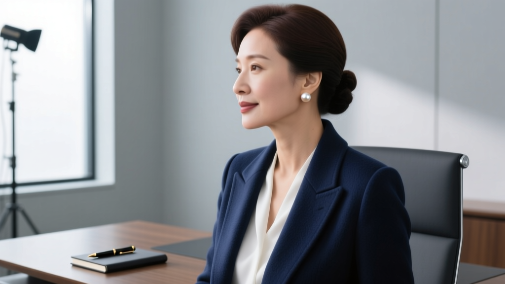 Side profile of a professional woman in a tailored navy blazer wearing classic 8.5mm pearl stud earrings, demonstrating quiet luxury office styling