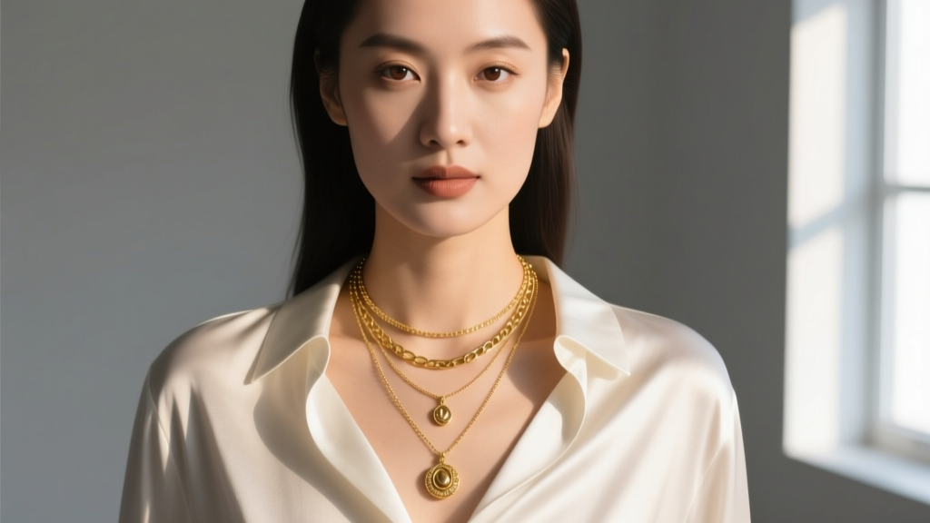 Close-up of a woman wearing three layered gold necklaces of varying lengths over a white silk shirt, soft studio lighting, elegant