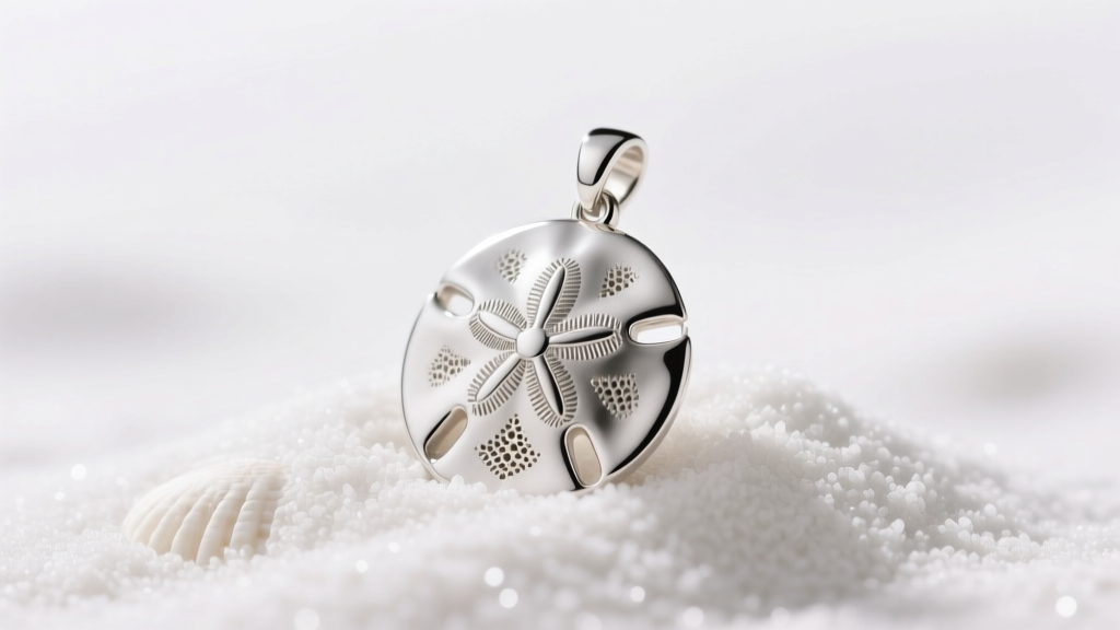 Macro photo of a sterling silver sand dollar pendant on white sand, showing intricate porous texture in soft natural light.