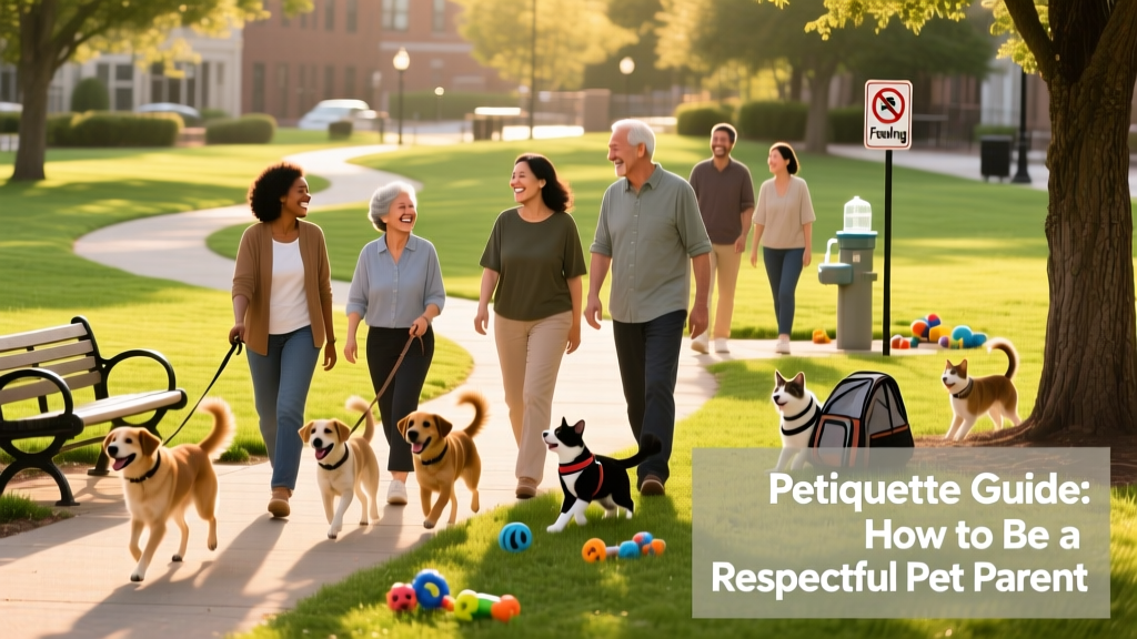 A diverse group of pet parents smiling and chatting at a sunny, well-maintained dog park with leashed and off-leash dogs playing nearby