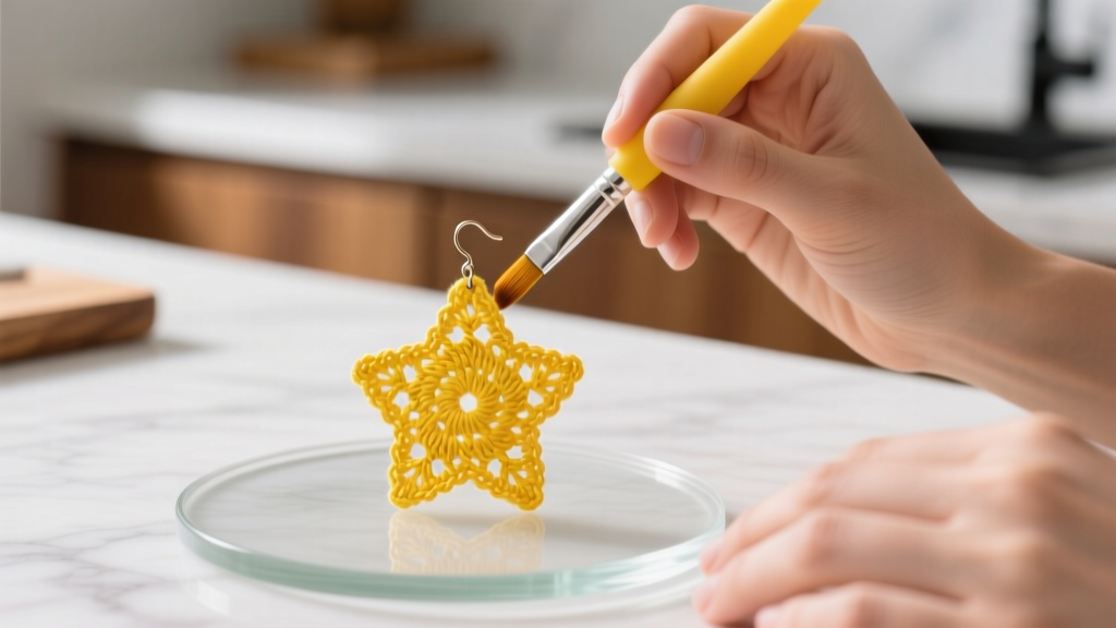 Hands applying clear fabric stiffener with a silicone brush to a yellow star-shaped crochet earring resting on a glass palette.