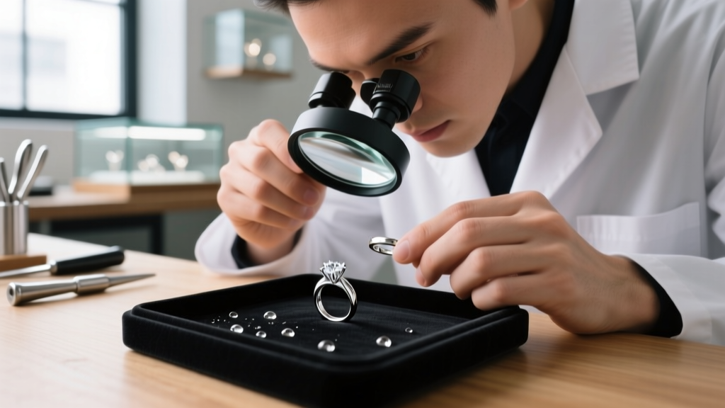 Jeweler using a 10x loupe to inspect prongs of a platinum solitaire ring before placing it into a super sonic cleaning bath.
