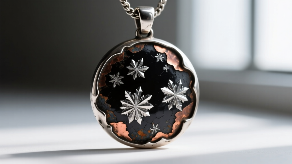 Macro view of a tarnished vintage silver pendant showing black silver sulfide corrosion and copper substrate bleed-through on edge.