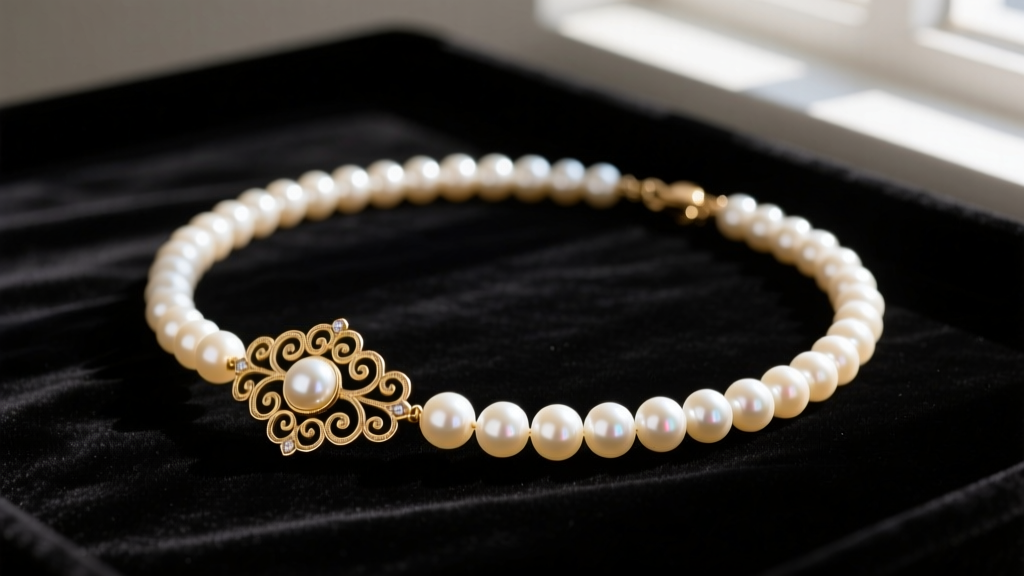 Flat lay of a vintage Marvella pearl necklace on dark velvet, featuring a gold-tone filigree clasp and luminous cream faux pearls