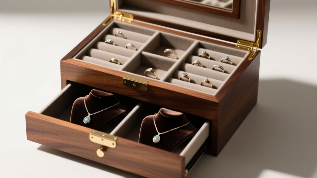 Open standing wood jewelry box showing anti-tarnish flannel lined ring rolls and a pull-out drawer featuring velvet necklace busts