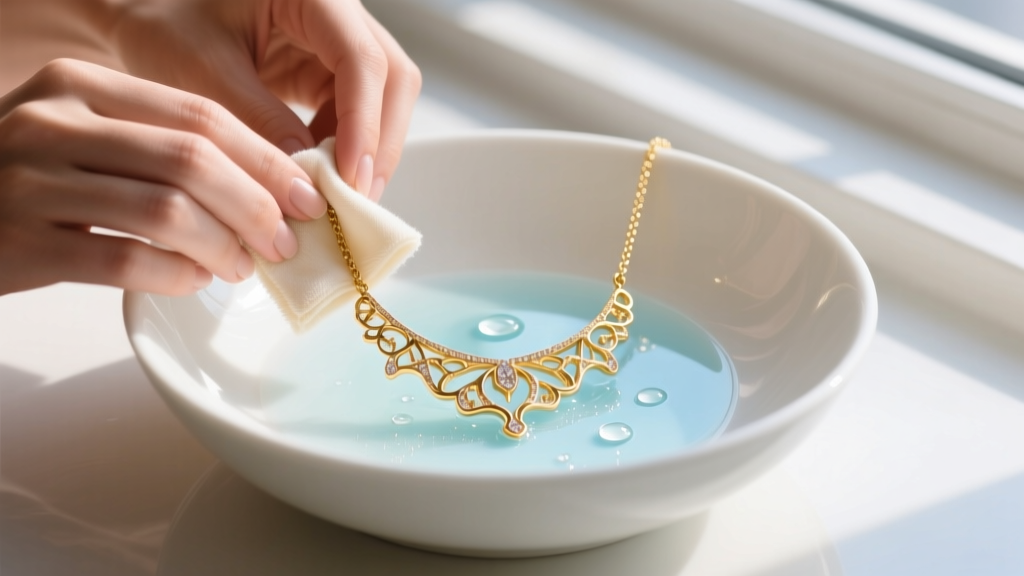Hands using a soft microfiber cloth and mild soapy water to gently polish a delicate gold-plated Taylor Swift necklace over a ceramic bowl