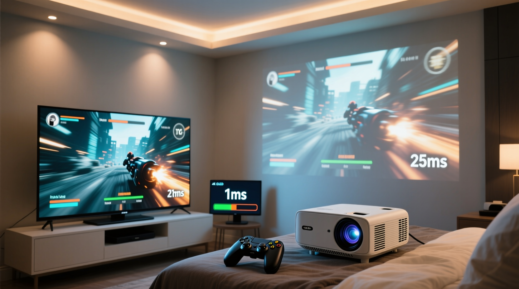 projector vs 4k tv for bedroom gaming is the screen size worth the input lag