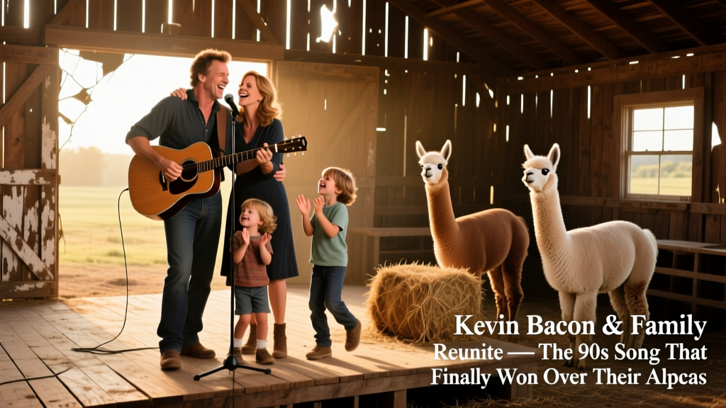 Kevin Bacon, Kyra Sedgwick, and their children performing live in a rustic barn with alpacas watching nearby