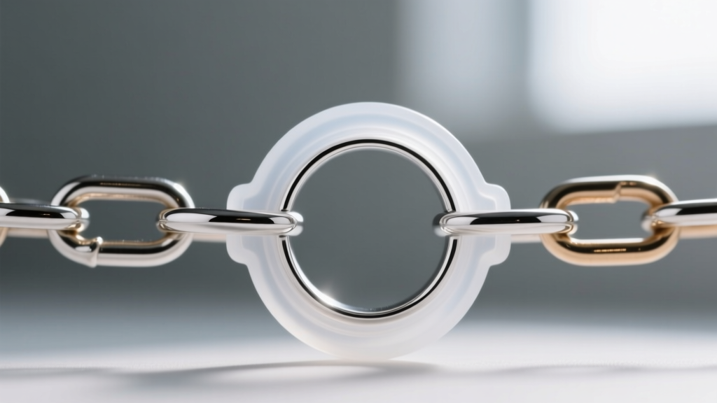 Close-up of a clear silicone protective sleeve on a chain, preventing a platinum ring shank from scratching the metal links.