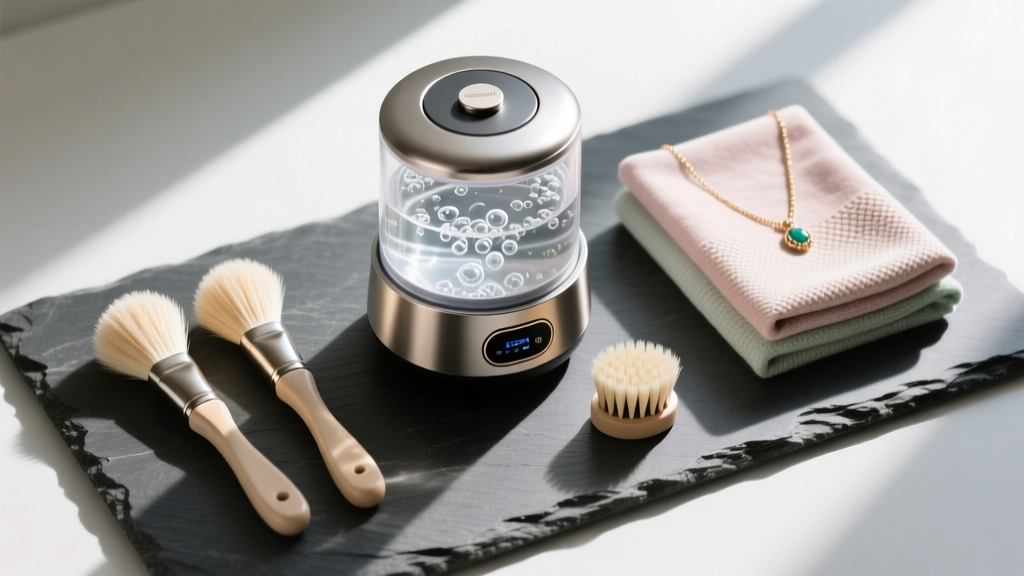 Overhead view of a necklace care kit on slate, showing an ultrasonic cleaner, horsehair brushes, and polishing cloths.