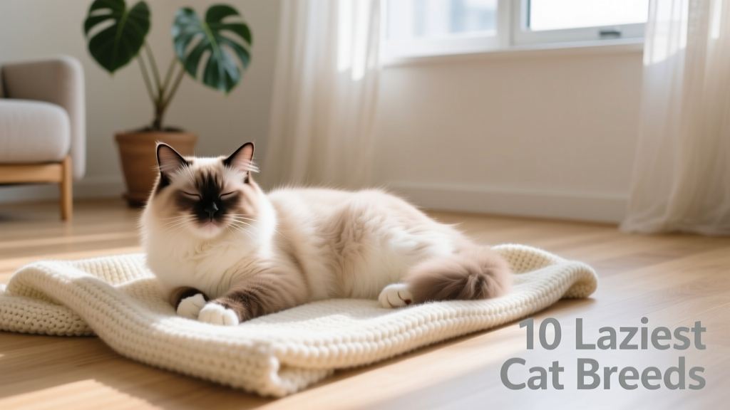 A relaxed Ragdoll cat lying on a soft blanket, eyes half-closed, looking completely at ease
