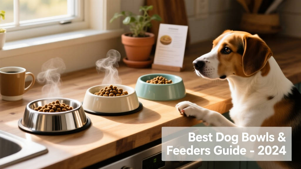 Side-by-side comparison of basic stainless steel, ceramic, and melamine dog bowls on a kitchen counter