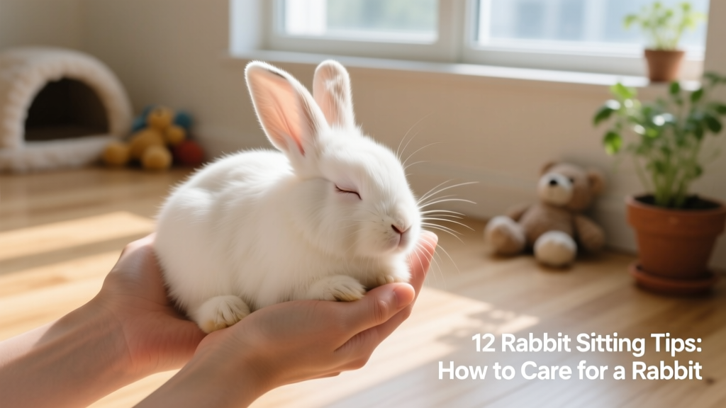 Gentle close-up of a rabbit resting comfortably in human hands