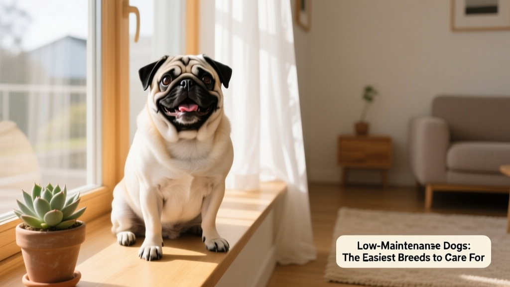 A cheerful Pug sitting upright on a sunlit windowsill