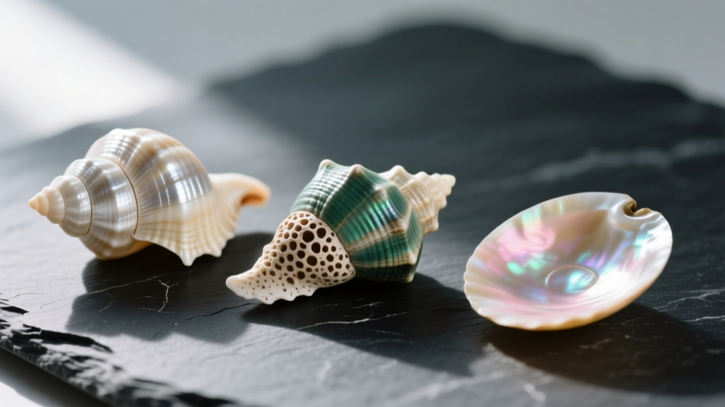 Macro photo of cowrie, puka, and mother of pearl shells on slate, highlighting unique surface textures and natural color tones.