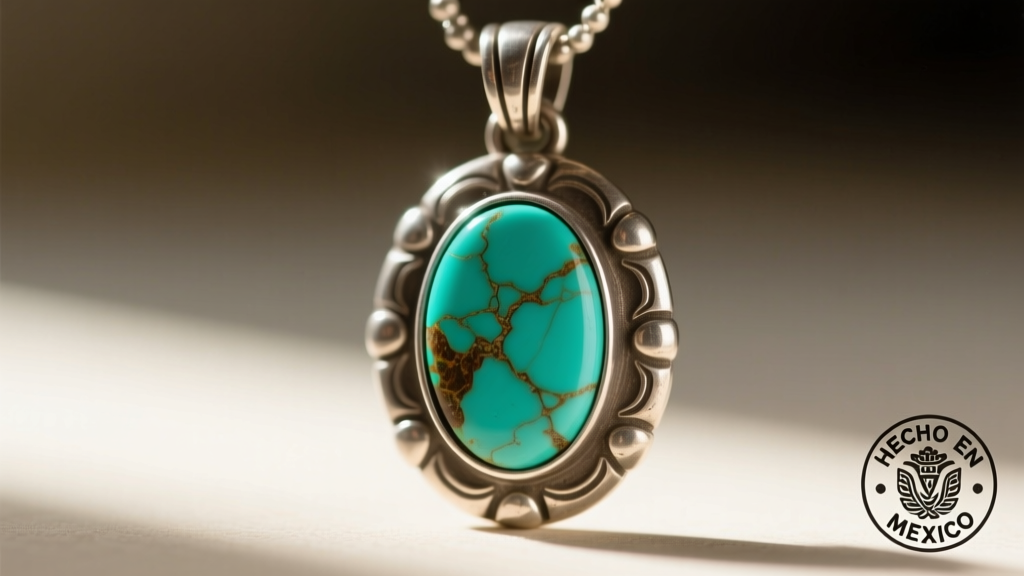 Macro shot of a vintage 1970s Taxco silver pendant showing a HECHO EN MEXICO hallmark and natural green turquoise inlay.