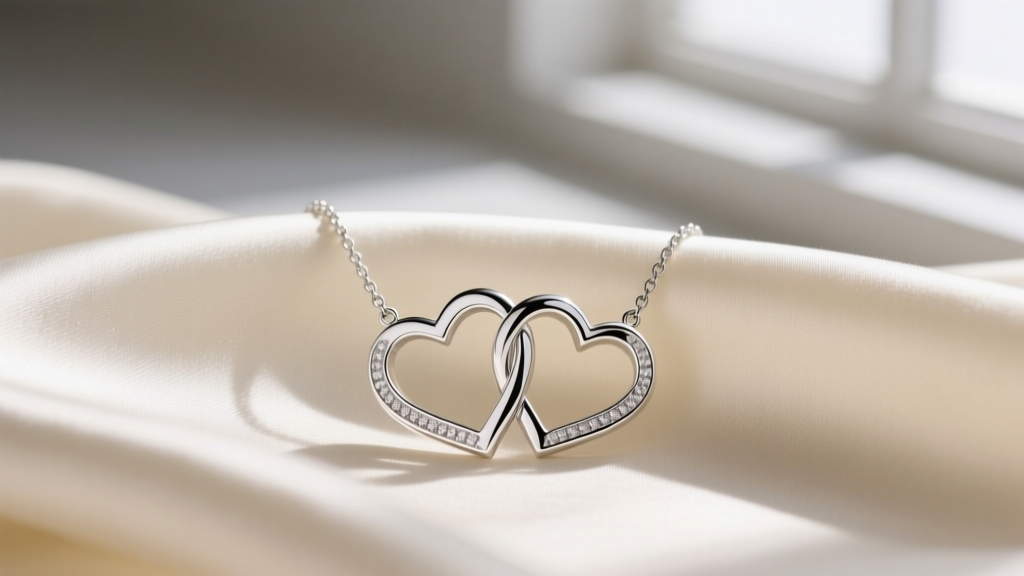 Close-up of a polished 925 sterling silver 2 piece heart necklace resting on a soft cream silk fabric with gentle natural lighting.