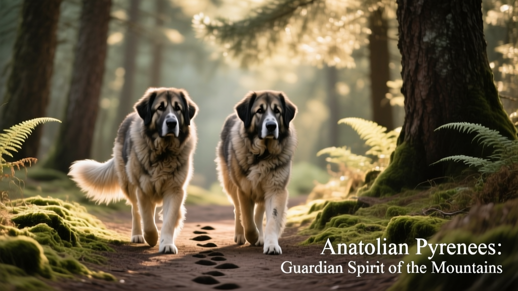 Two Anatolian Pyrenees dogs walking side-by-side along a forest trail, tails relaxed, expressions serene and focused