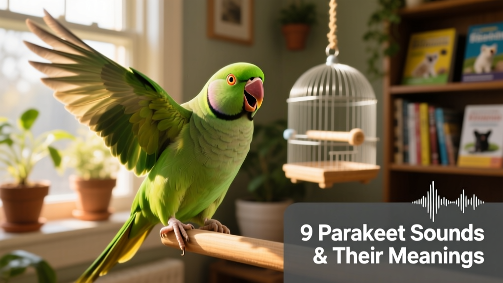 A startled parakeet with wings slightly raised and tail fanned, emitting a sharp squawk