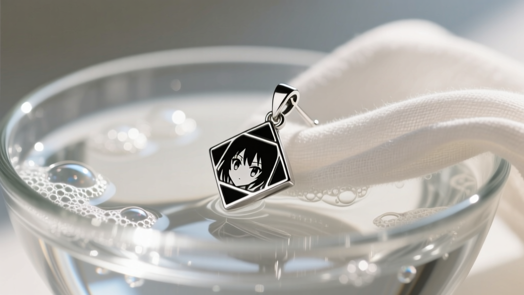 Soft microfiber cloth gently wiping a black rhodium sterling silver anime earring over a glass bowl of soapy water
