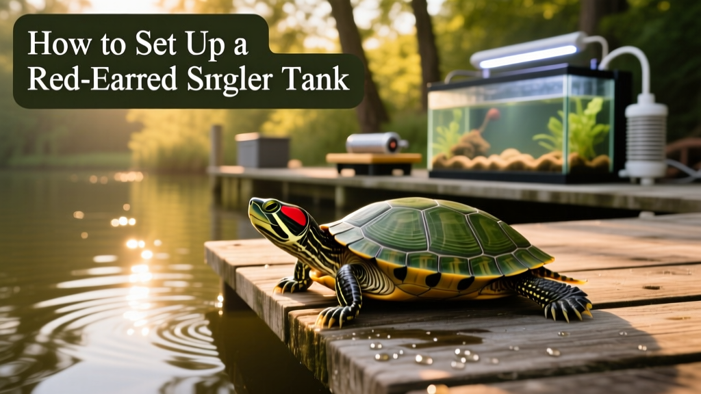 Red-eared slider turtle basking on a dock under warm light