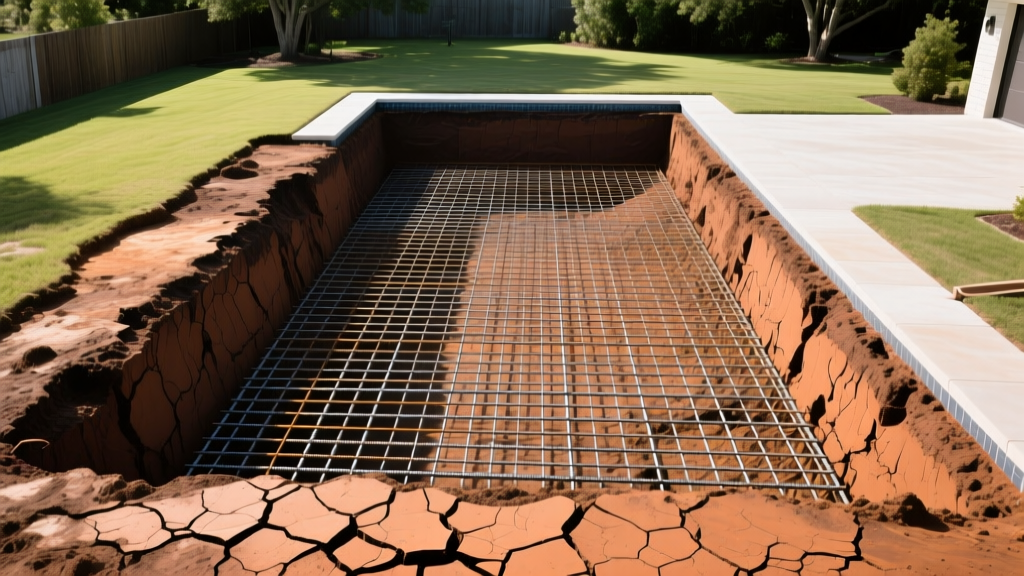 Aerial view of excavated rectangular pool site in Houston backyard showing exposed dark clay soil and steel rebar grid