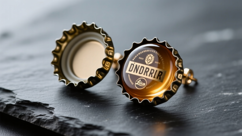 Macro shot of two upcycled craft beer cap earrings on dark slate, showing crimped edges and a glossy resin seal over the interior.