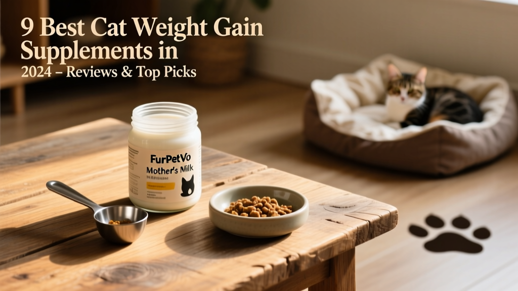 Jar of FurPetVo Mother’s Milk powder beside a small scoop and a shallow dish of mixed wet food