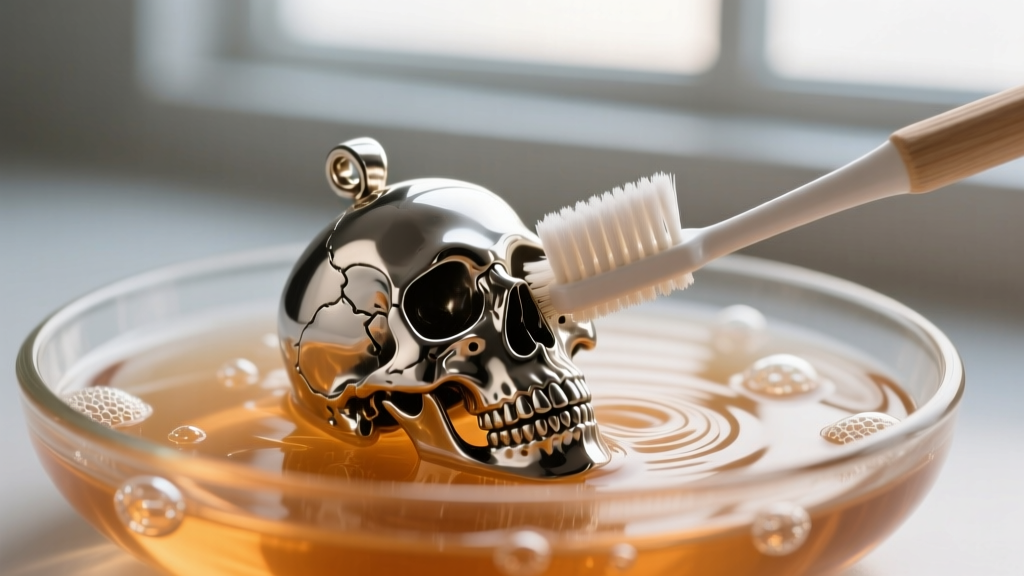 Soft toothbrush gently scrubbing the nasal cavity and teeth crevices of a steel skull pendant submerged in warm soapy water