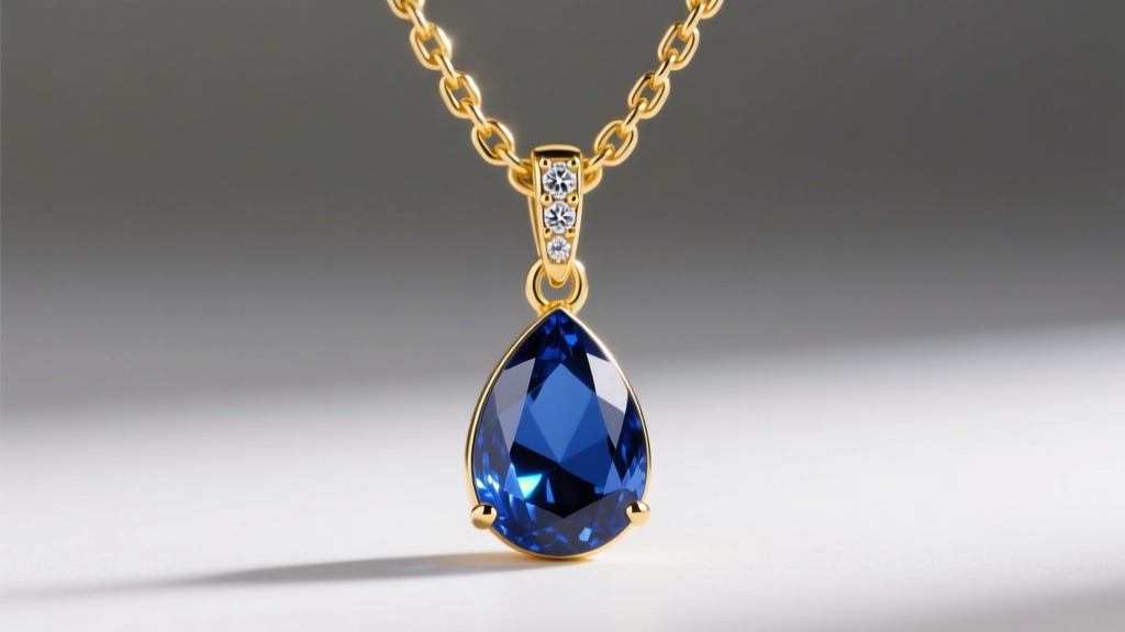 Close-up of a delicate 14k yellow gold box chain threading through a diamond-encrusted hidden bail on a teardrop sapphire pendant.
