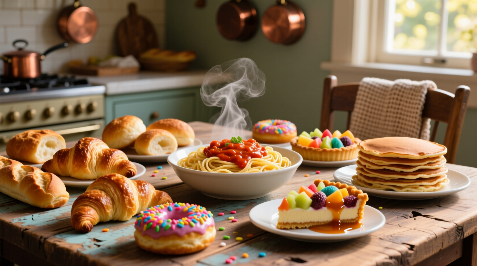 Colorful assortment of carbohydrate-rich foods on wooden table
