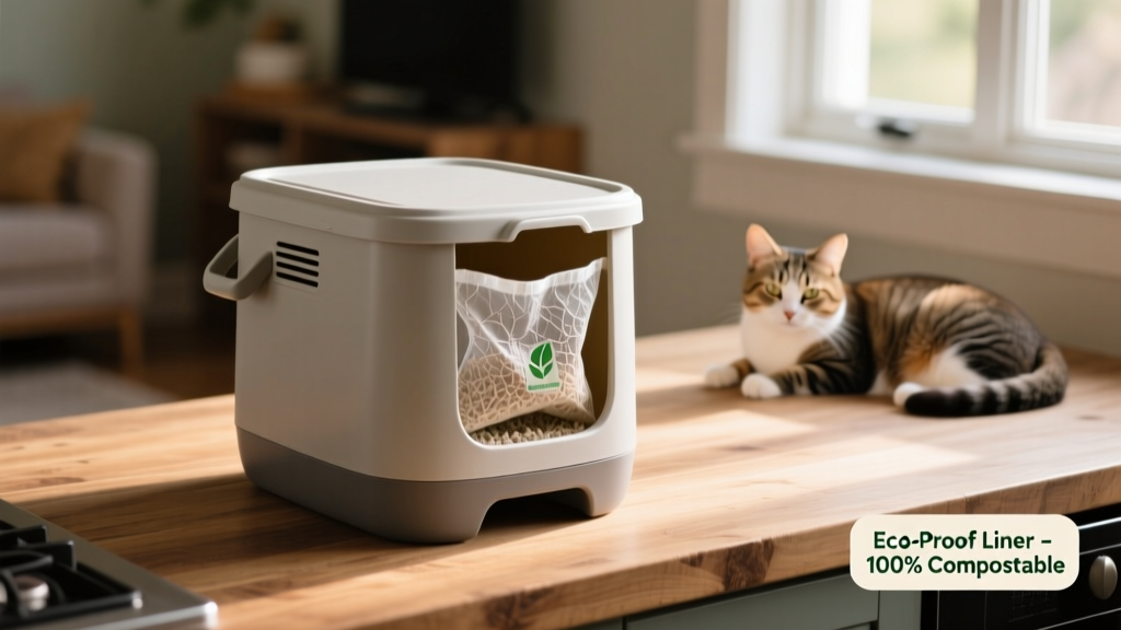 Compact indoor cat litter disposal pail with sealed lid and biodegradable liner bag