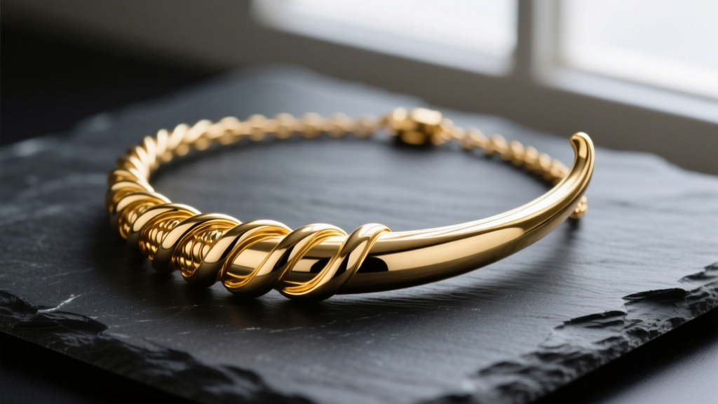 Macro photo of an 18k gold Italian horn necklace on dark slate, showing the twisted Cornicello shape and a highly polished finish.