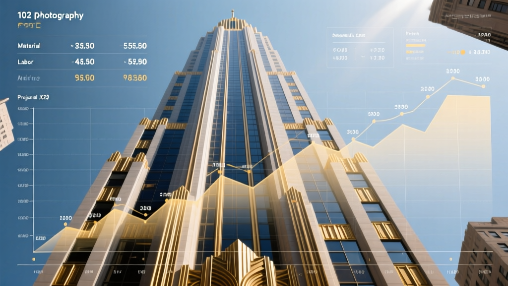 Blueprint of a 102-story Art Deco skyscraper overlaid with modern regional construction cost charts and pricing grids