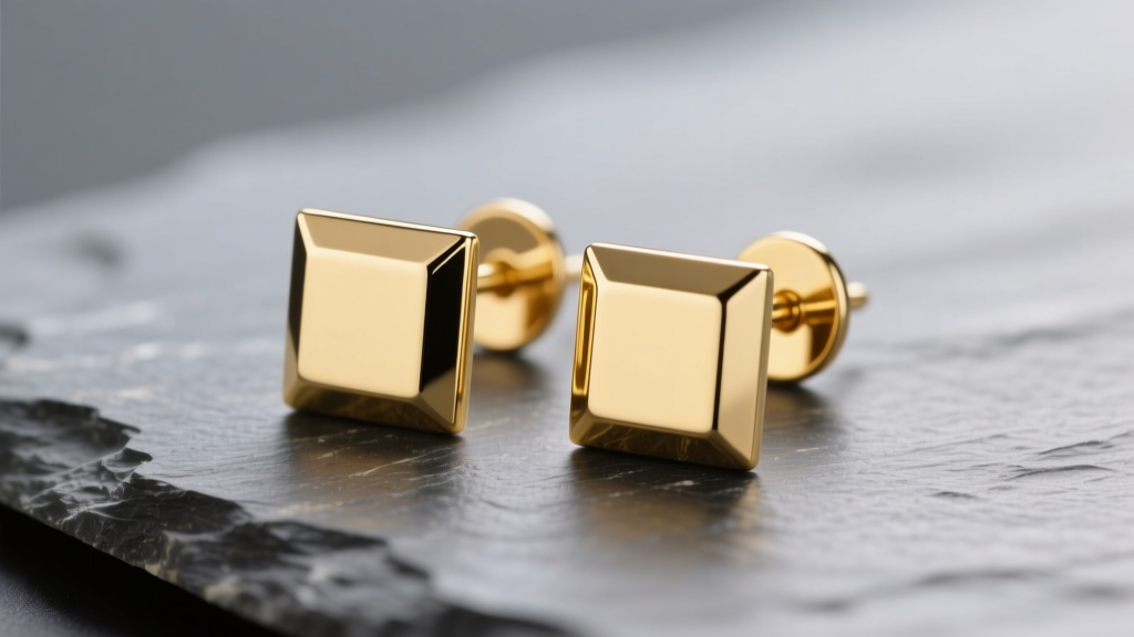 Close-up of 4mm 14k yellow gold square stud earrings on slate, highlighting mirror-polished surfaces and crisp beveled edges.