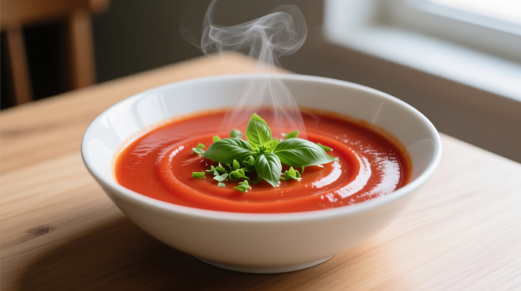 Vibrant red tomato soup in white bowl with basil garnish