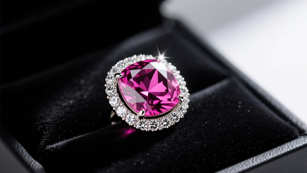 Close-up of a radiant-cut pink sapphire pendant surrounded by a micro-pave diamond halo, resting on a dark velvet display pad.