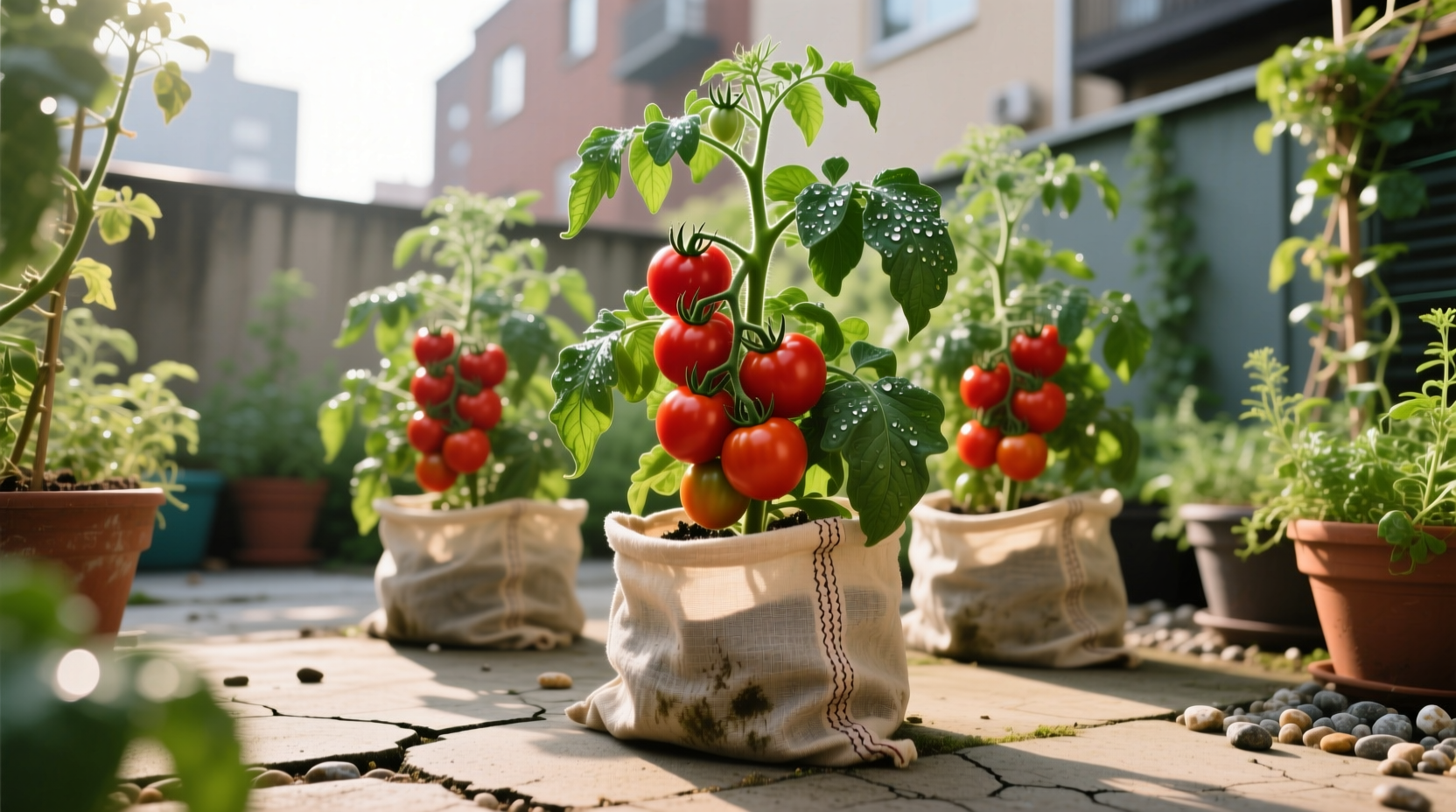 Tomato plants thriving in fabric grow bags on patio