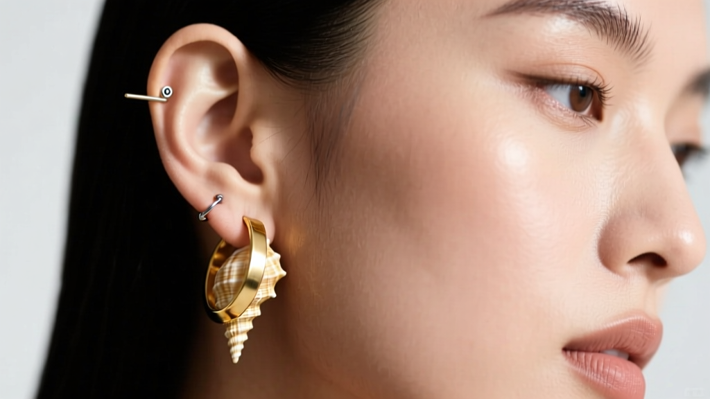Model wearing a thick gold band earring in a conch piercing, highlighting the 16-gauge wire and snug fit against the ear cartilage