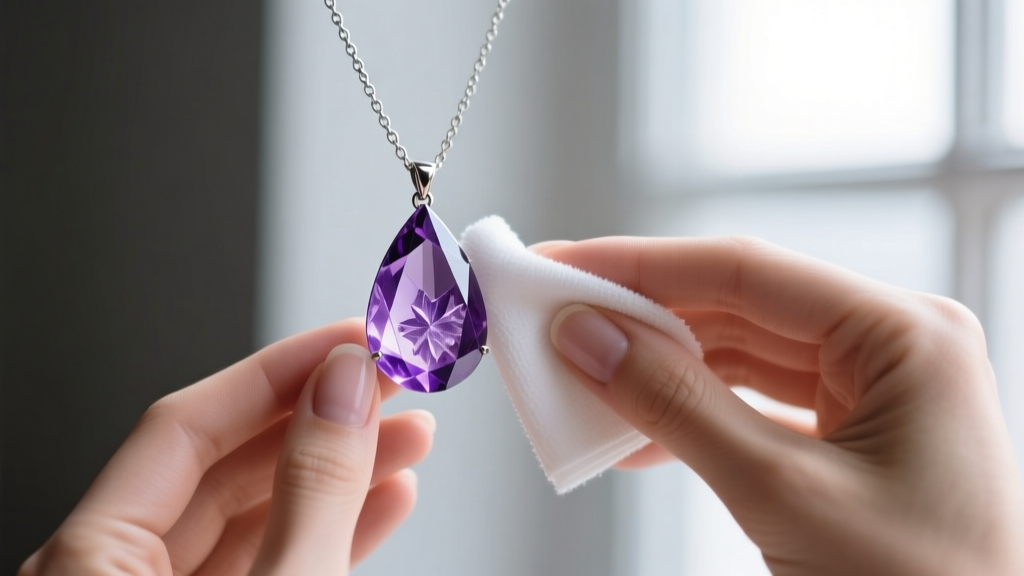 Hands using a microfiber cloth to clean a purple fluorite teardrop pendant, carefully avoiding the attached silver chain.