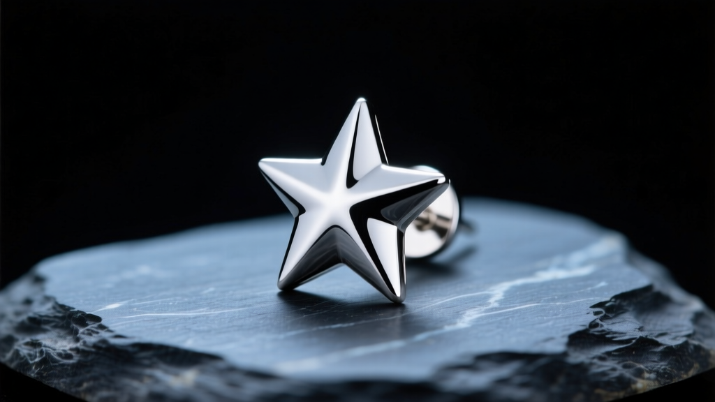 Macro shot of a polished Argentium silver five-pointed star stud earring resting on dark slate stone under bright studio lighting.