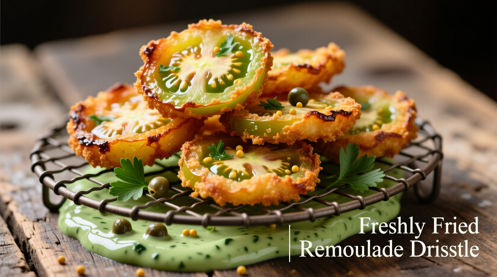 Golden fried green tomatoes on wire rack with remoulade sauce