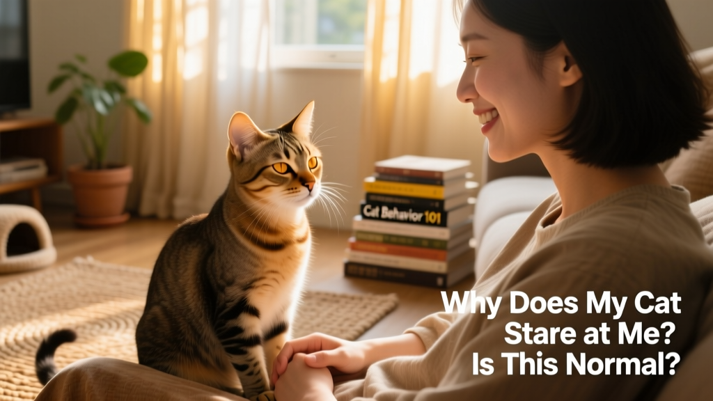 Cat and human making gentle eye contact, with the cat slowly blinking