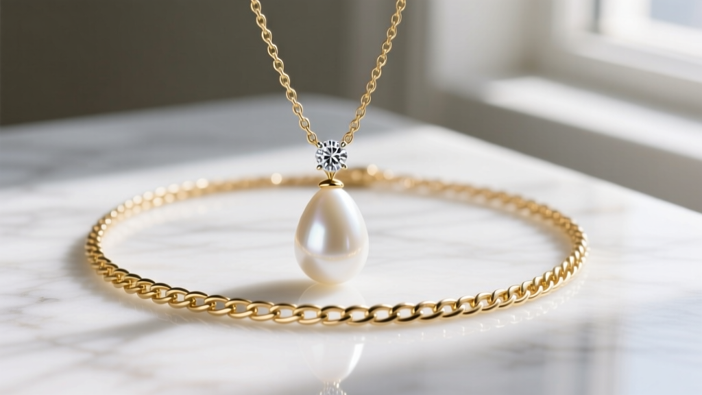 Layered gold necklaces featuring a pearl teardrop pendant, a diamond solitaire, and a herringbone chain resting on white marble.